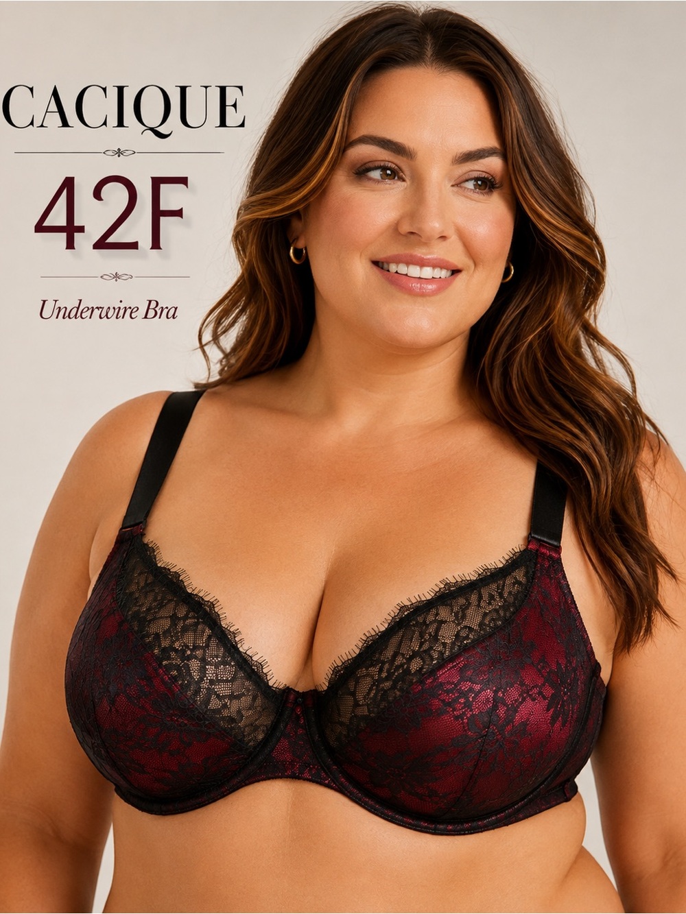 Cacique 42F Black Burgundy Floral Lace Underwire Bra Plus Size